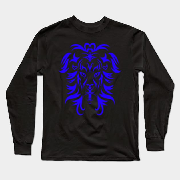 Tribal Tattoo Art Blue Lion Head Long Sleeve T-Shirt by Atteestude